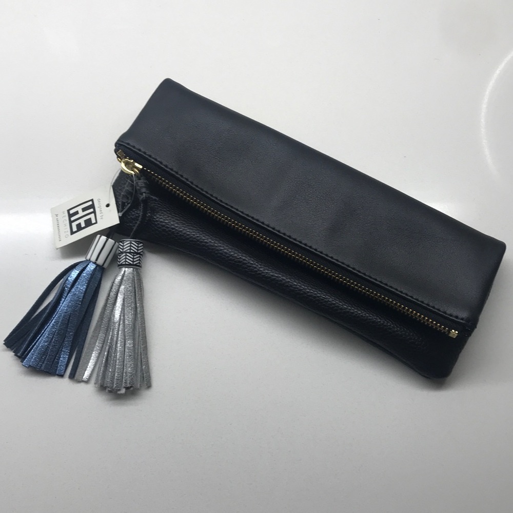 HE Hechizo Black Vegan Leather Foldover Clutch with Tassels